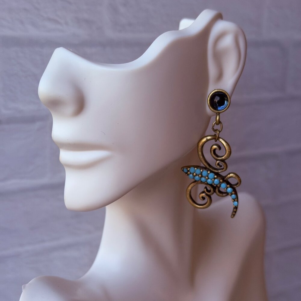 Vintage Y2K Chico’s Turquoise Brass Scroll Drop Earrings with Blue Stone Accents - Picture 6 of 7